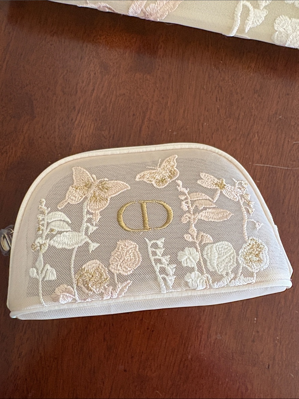Embroidered Floral Cream Cosmetic Pouch